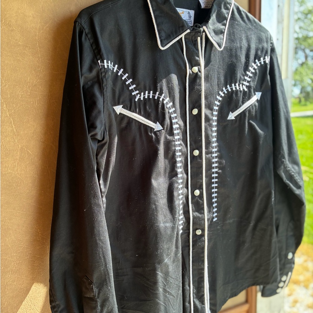 Panhandle Slim Black Button-Down Western Shirt with White Stitching